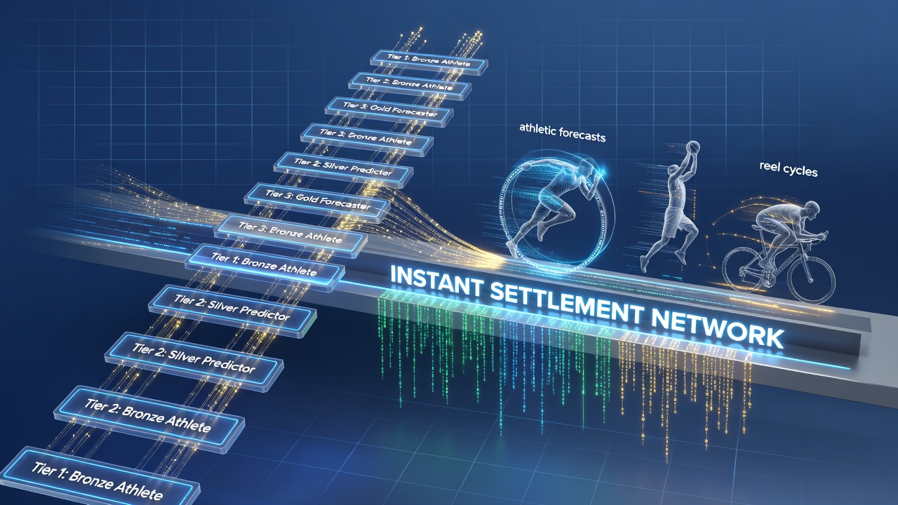 Integrated platform showing sports betting forecasts linked to slot machine reels through loyalty progression bars and settlement icons