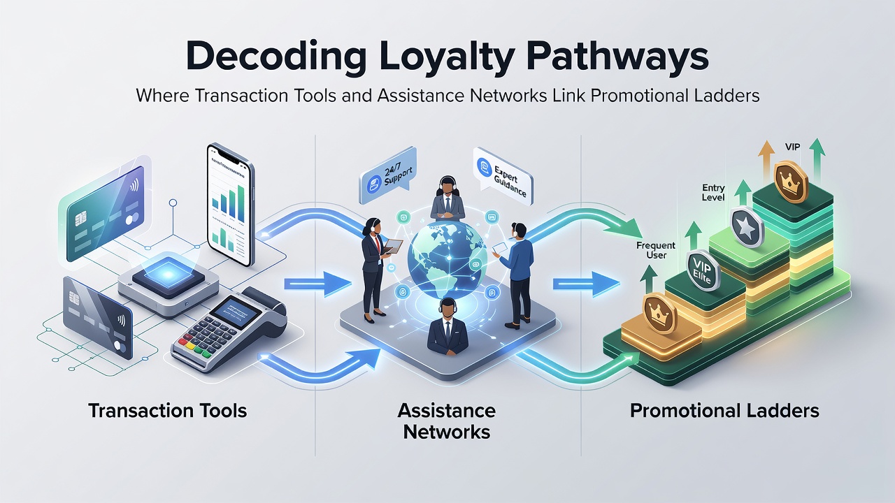 Illustration of tiered rewards flowing through payment tools and support across slots, tables, and sports betting platforms