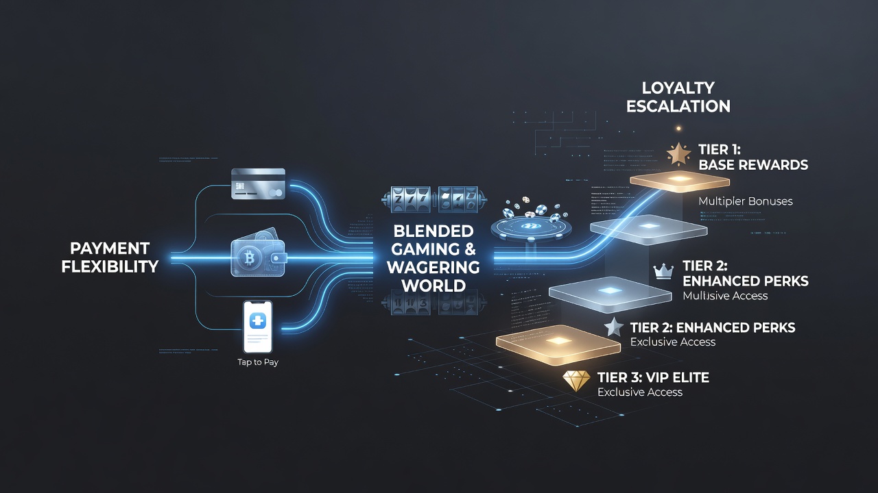 Flow diagram showing how flexible payments trigger loyalty point escalation across gaming and betting products