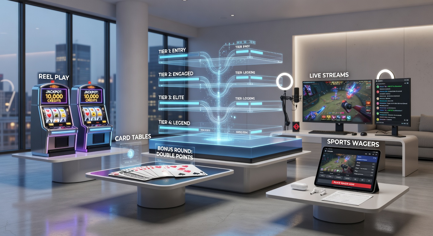 Mobile gaming interface displaying tiered loyalty rewards across slots, table games, live dealer streams, and sports betting sections