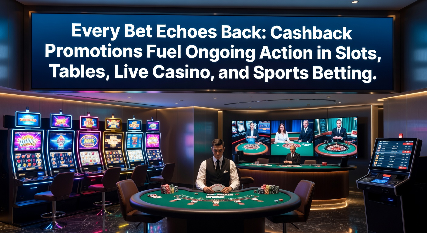 Vibrant graphic showing cashback coins returning to a player's betting wallet amid slots reels, roulette wheels, live dealer tables, and sports stadium icons