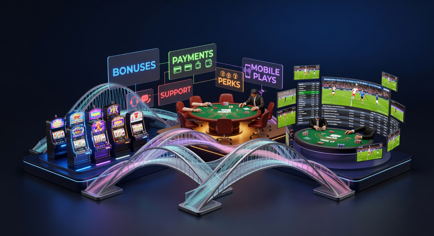 Vibrant digital interface showing live dealer roulette alongside slot reels, sportsbook odds, and mobile betting options in a unified platform