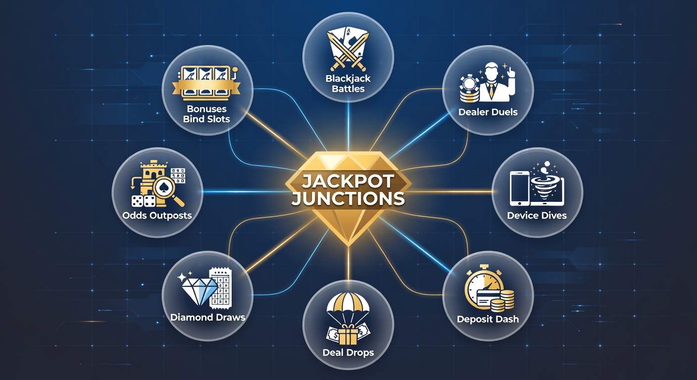 Vibrant digital casino interface showing interconnected slots, blackjack tables, live dealers, mobile screens, deposit prompts, promo banners, diamond icons, and odds boards glowing in a unified jackpot network