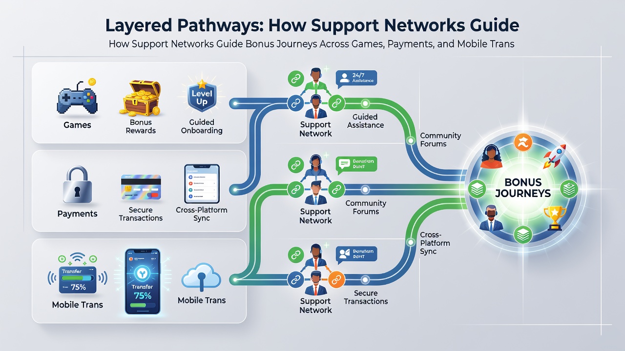 Illustration of mobile device transitions with overlaid support pathways linking bonuses across gaming and payment stages