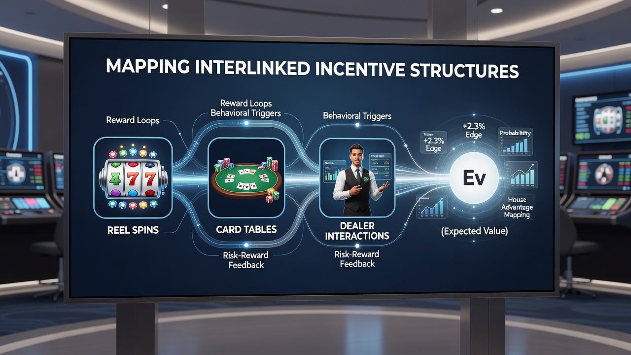 Infographic illustrating data flows between different casino game types and their shared reward pools