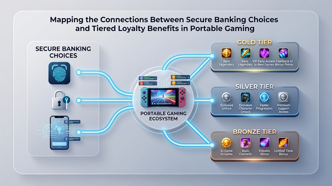 Diagram mapping secure payment flows to escalating loyalty rewards in mobile slots, tables, live dealer games, and sports betting