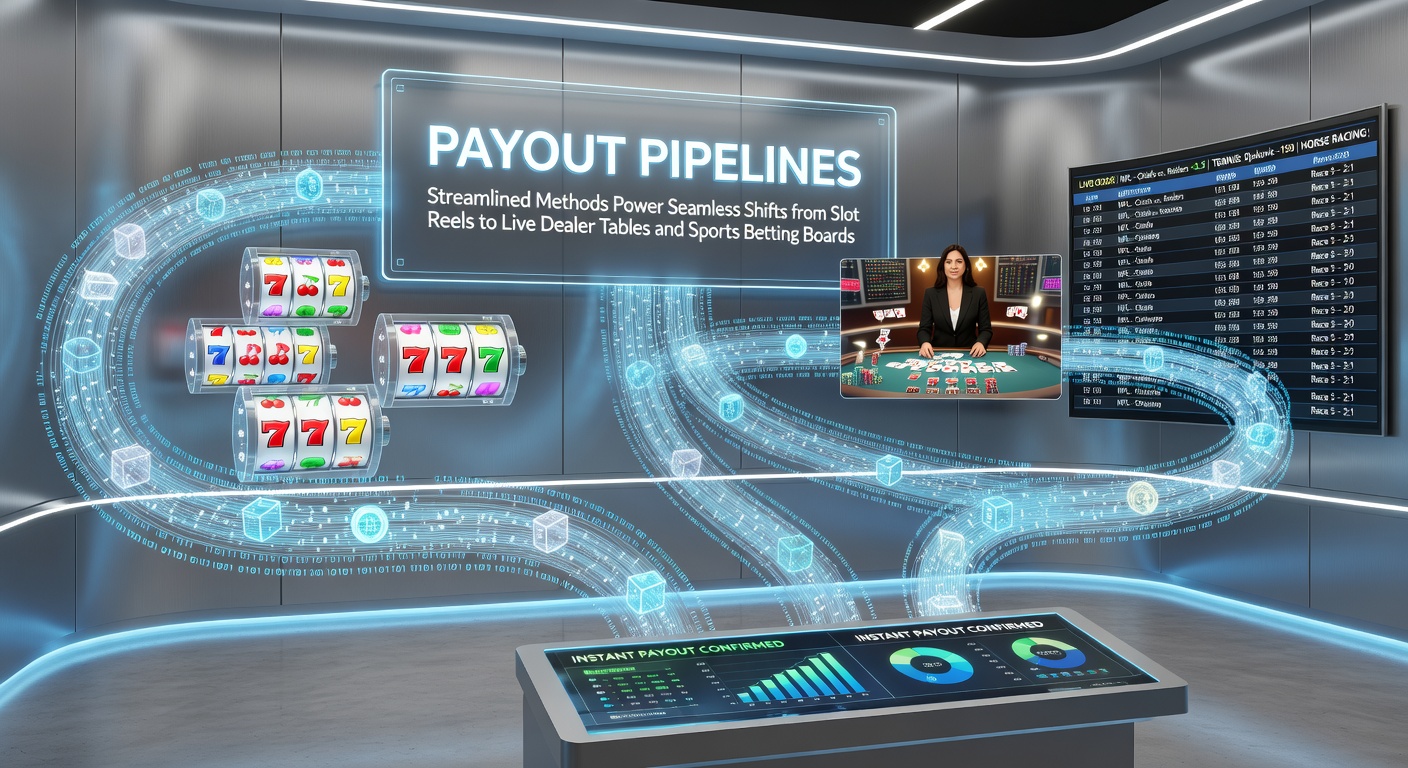 Digital graphic showing money flowing seamlessly from slot machines to live dealer tables and sports betting interfaces, with arrows indicating quick transfers