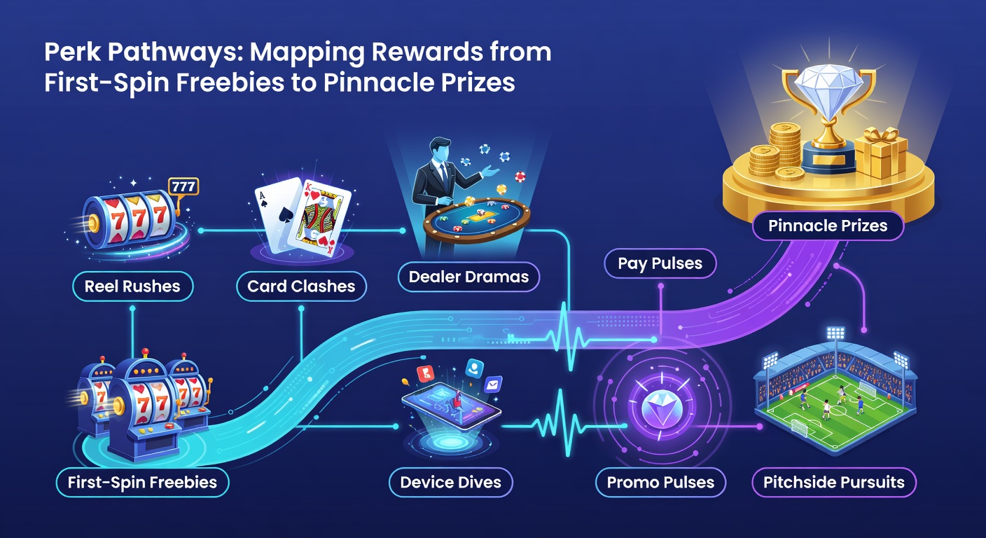 Colorful illustration of a winding reward pathway leading from slot machines and card tables through mobile devices, payment icons, promotional banners, and sports fields to a glowing trophy at the peak