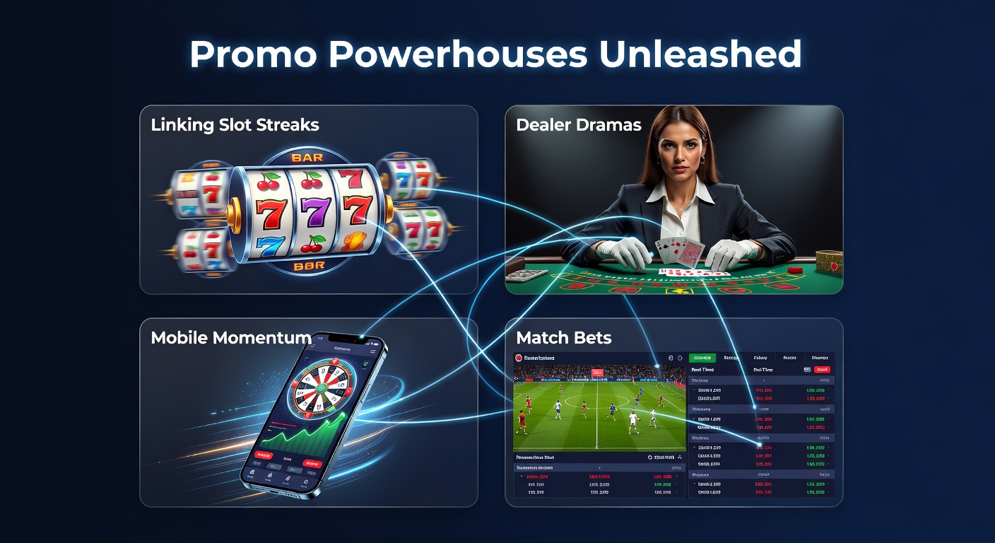 Dynamic digital collage showing slot reels spinning alongside live dealer tables, mobile screens, and sports betting odds, all connected by glowing promotion banners