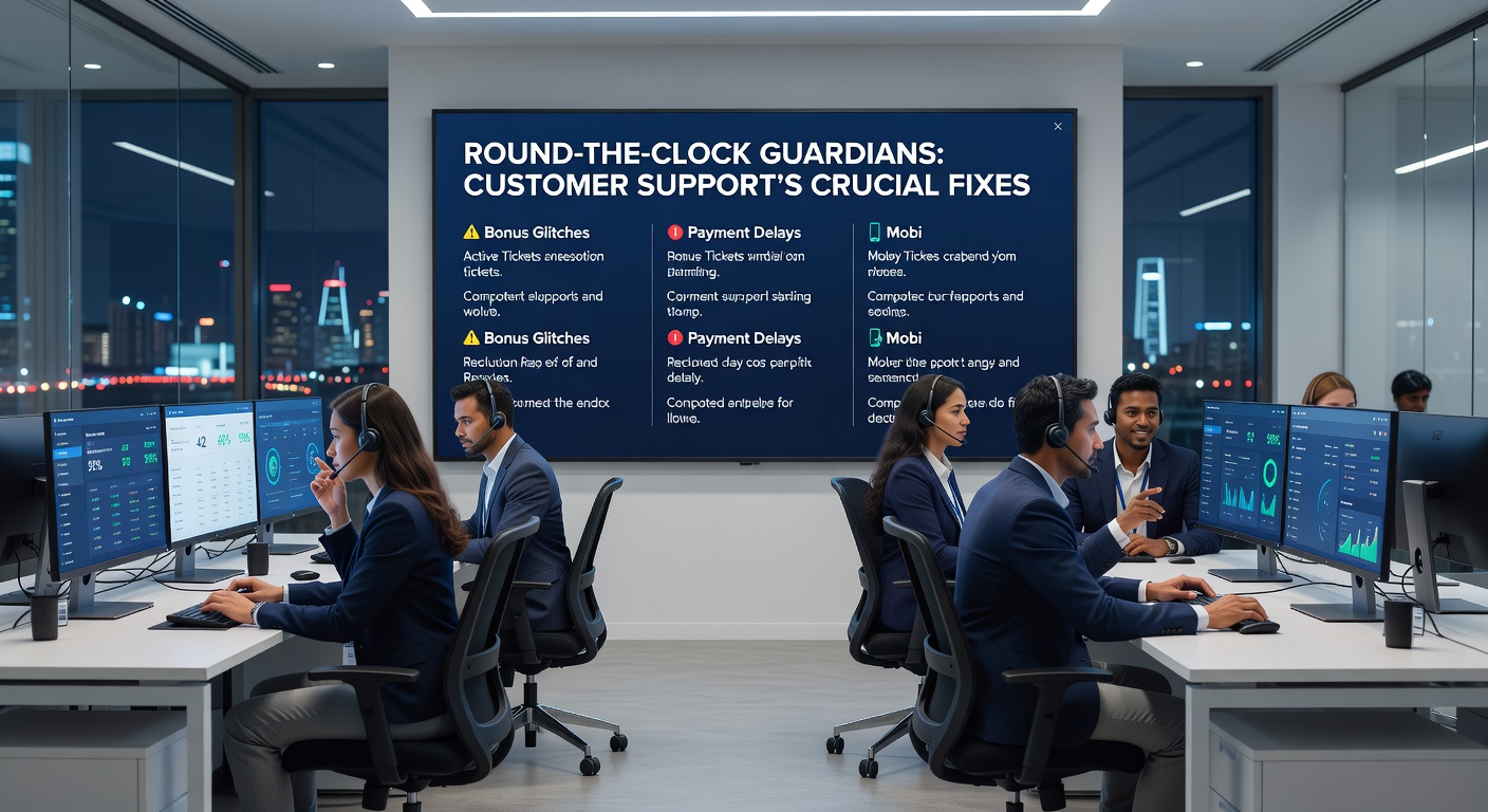 Close-up of support agent assisting a player with payment verification on a multi-screen workstation, icons for e-wallets, cards, and bank transfers visible amid slots and sports betting dashboards