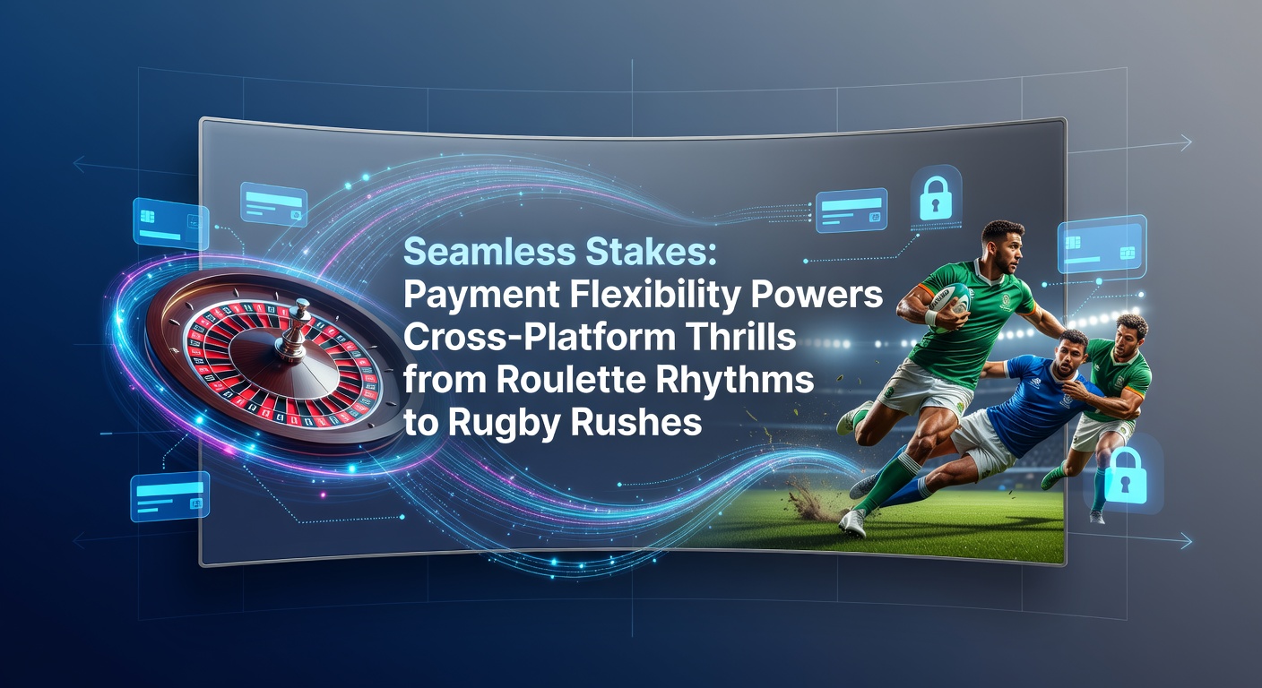 Dynamic online gambling interface showing roulette wheel spinning alongside rugby match highlights, with payment icons overlayed for seamless transitions