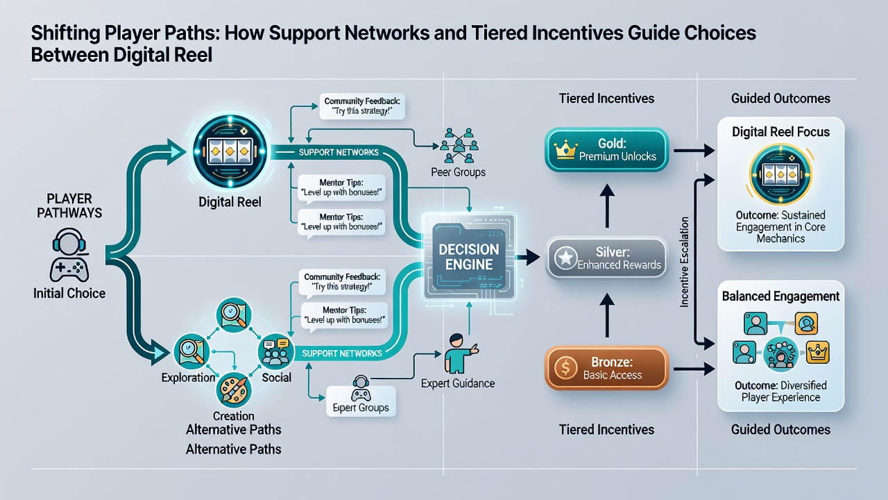 Diagram showing tiered VIP levels linking player choices in slots, tables, sports, and payments