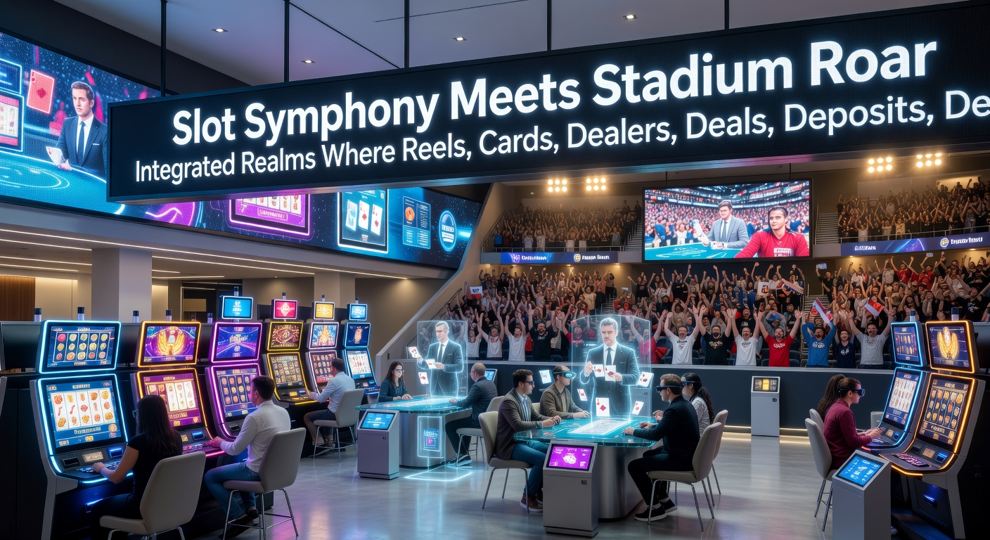 Close-up of mobile screen displaying unified wallet balance amid slot symbols, card tables, live dealer chat, and sports odds ticker