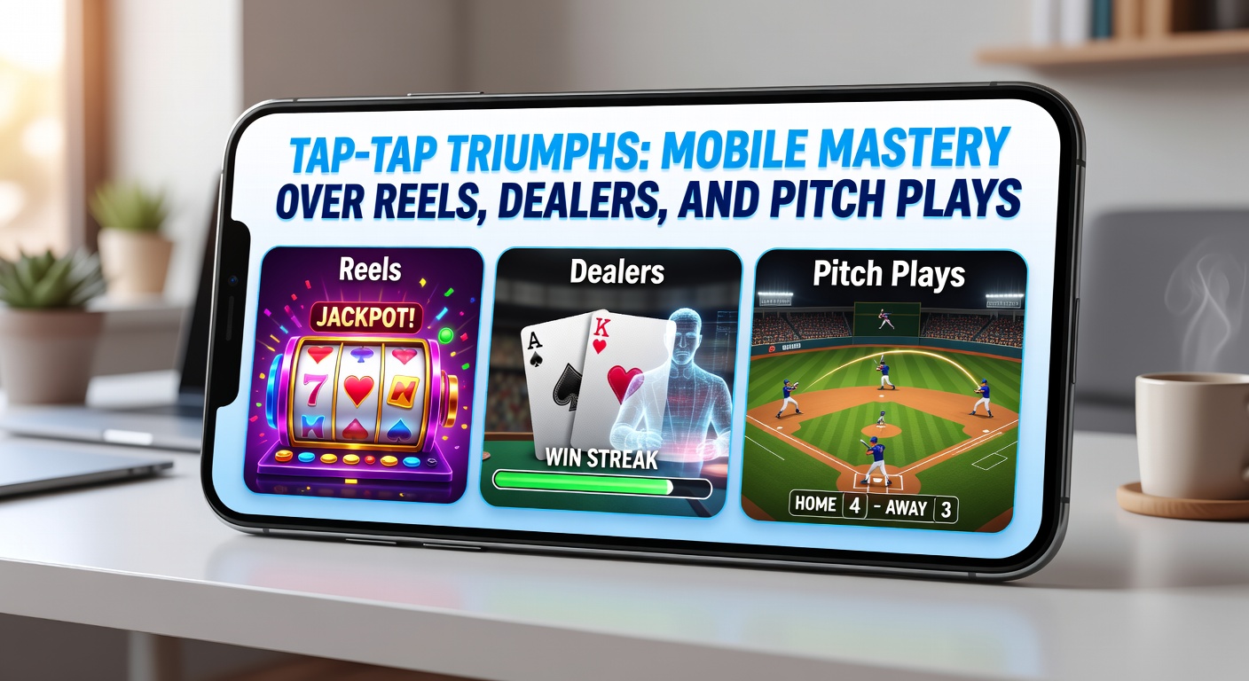 Smartphone screen displaying a vibrant mobile casino app with spinning slots, live dealer blackjack table, and an active sports betting interface on a soccer match