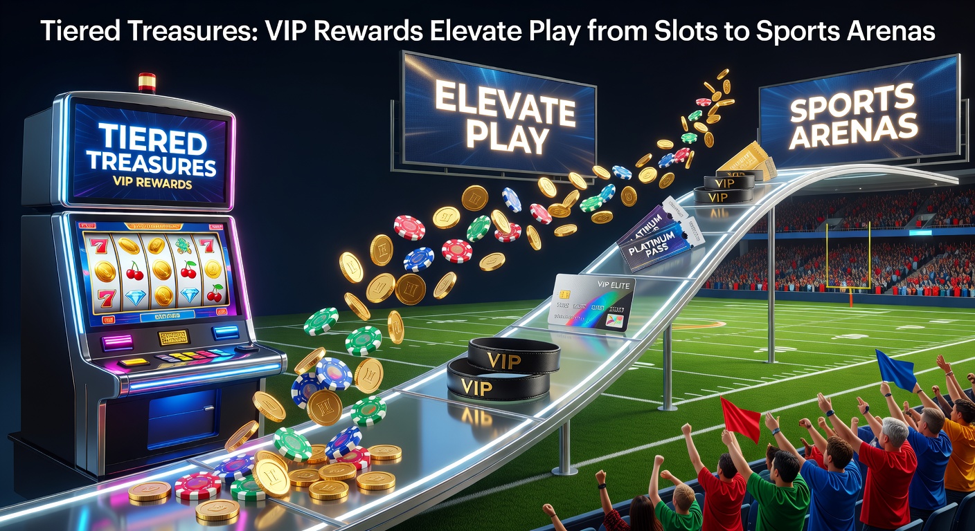 Vibrant display of tiered VIP levels with cascading rewards from slot machines to sports stadium lights, symbolizing elevated gaming experiences